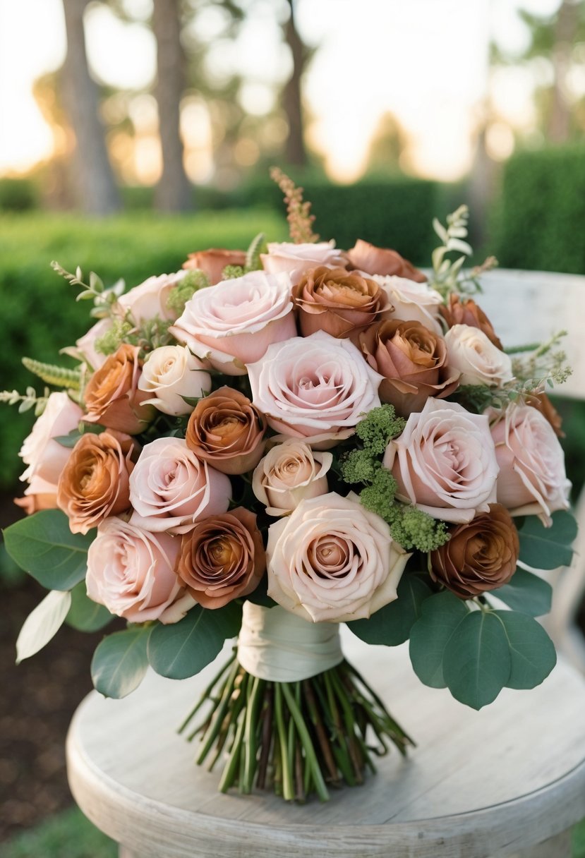 A bouquet of blush roses and earthy terracotta tones arranged in an elegant wedding bouquet