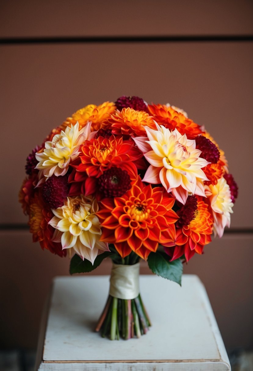 A terracotta wedding bouquet of ballet pointe dahlias in fiery palettes, arranged in a delicate and elegant manner