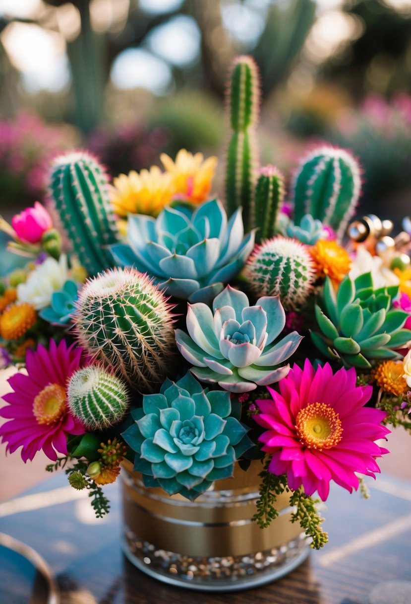 A vintage-inspired bouquet featuring succulents, cacti, and desert flowers in vibrant 60s colors, accented with retro glam elements