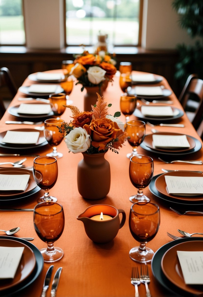 A table set with burnt orange and terracotta centerpieces, featuring terracotta wedding bouquet ideas