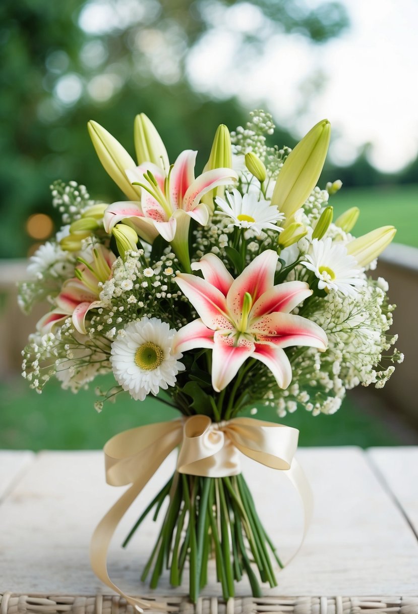 A vintage-inspired bouquet of lilies, daisies, and baby's breath tied with a satin ribbon