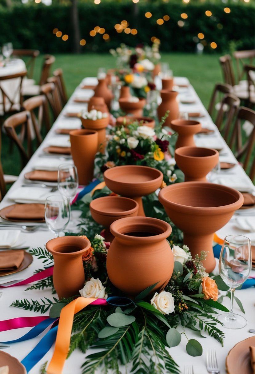 A table adorned with terracotta wedding bouquets in various shapes and sizes, surrounded by colorful ribbons and greenery