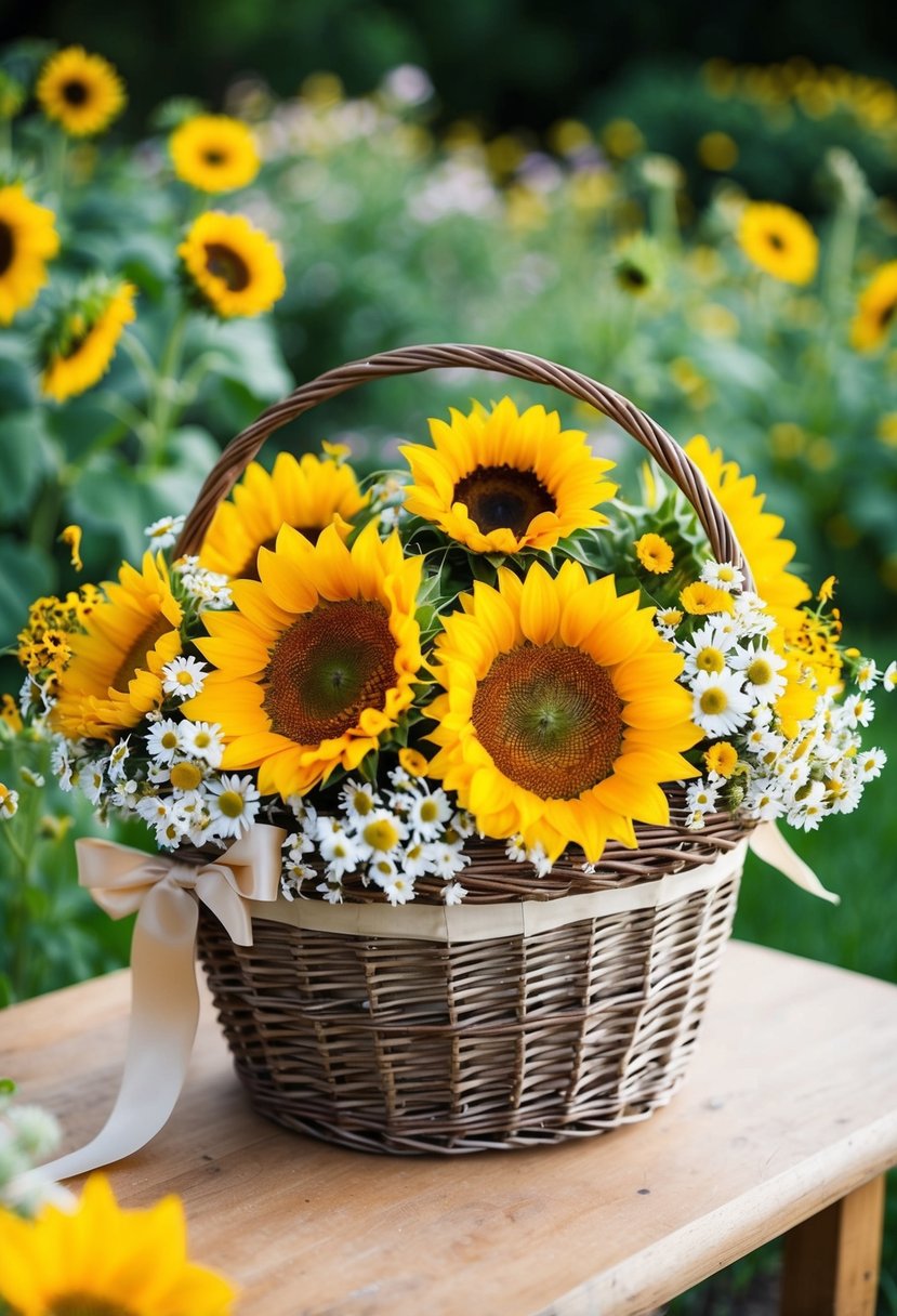 A vintage wicker basket filled with sunflowers, daisies, and wildflowers, tied with a ribbon