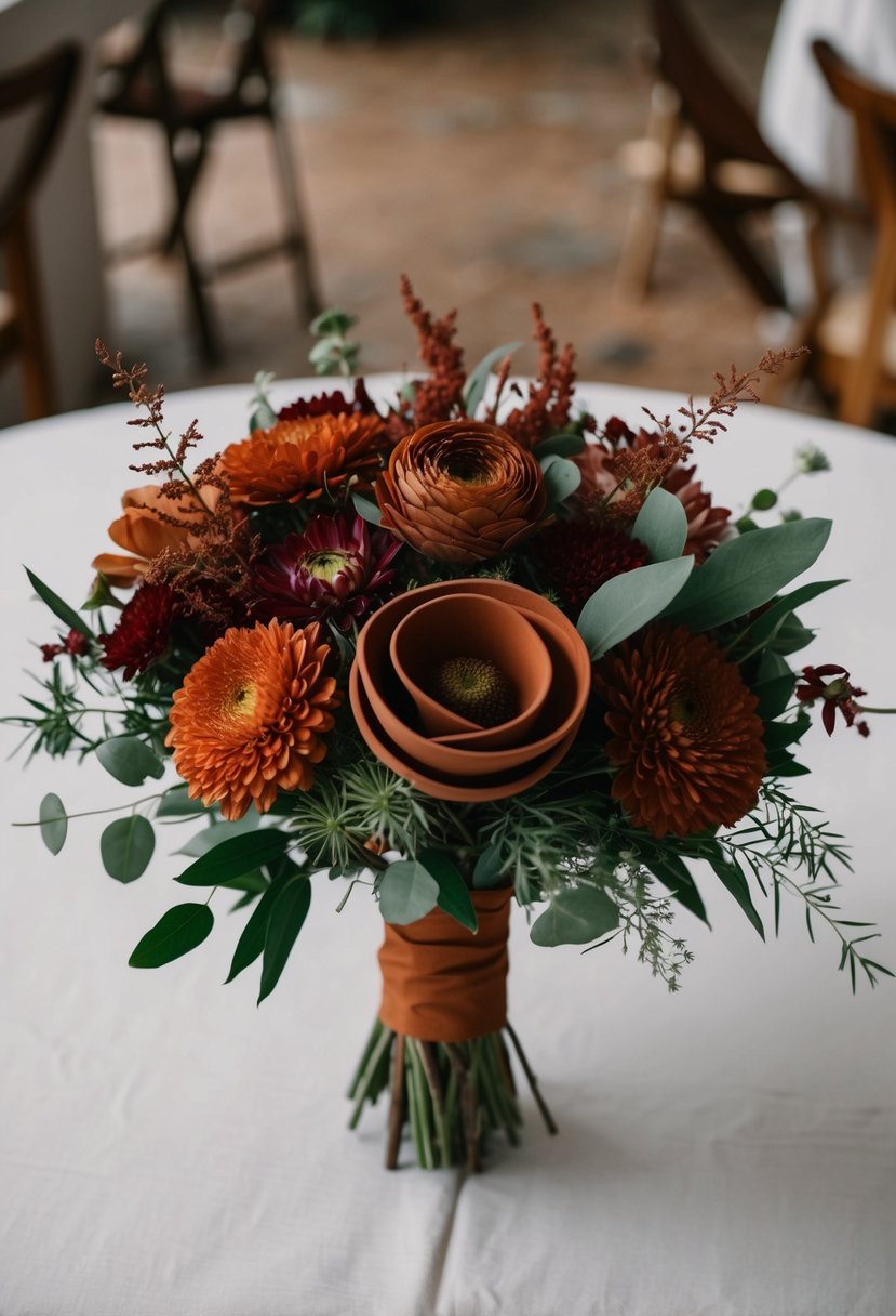 A terracotta wedding bouquet with varying shades of rust and red flowers, accented with greenery, arranged in a textured, multi-tonal look