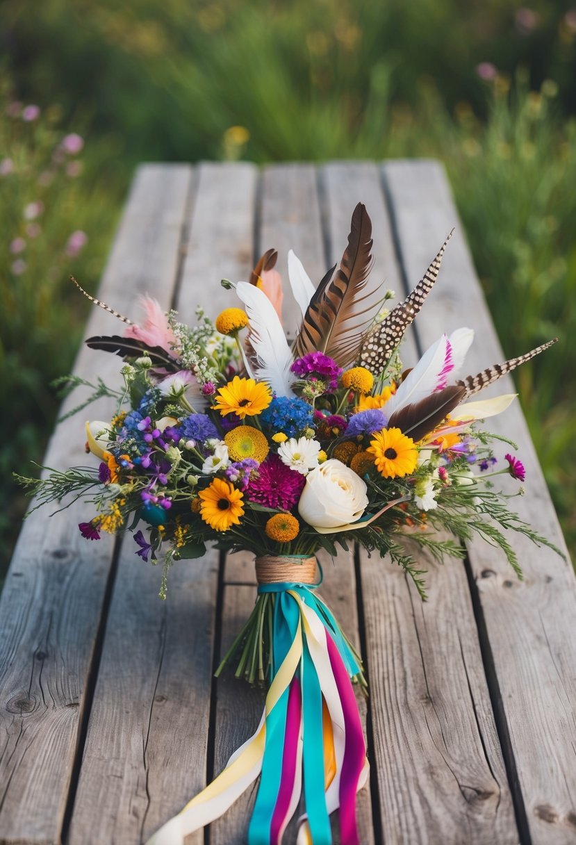 A rustic wooden table adorned with a colorful assortment of wildflowers, feathers, and ribbons, creating a bohemian chic 60s wedding bouquet