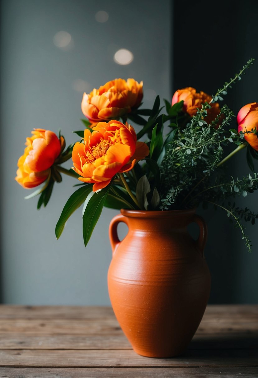 A terracotta vase holds vibrant turmeric peonies and greenery