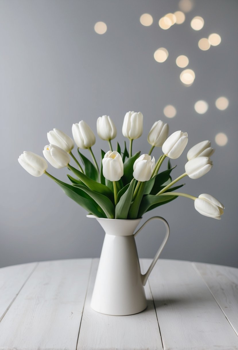 A simple, elegant bouquet of white tulips arranged in a minimalist 1960s style