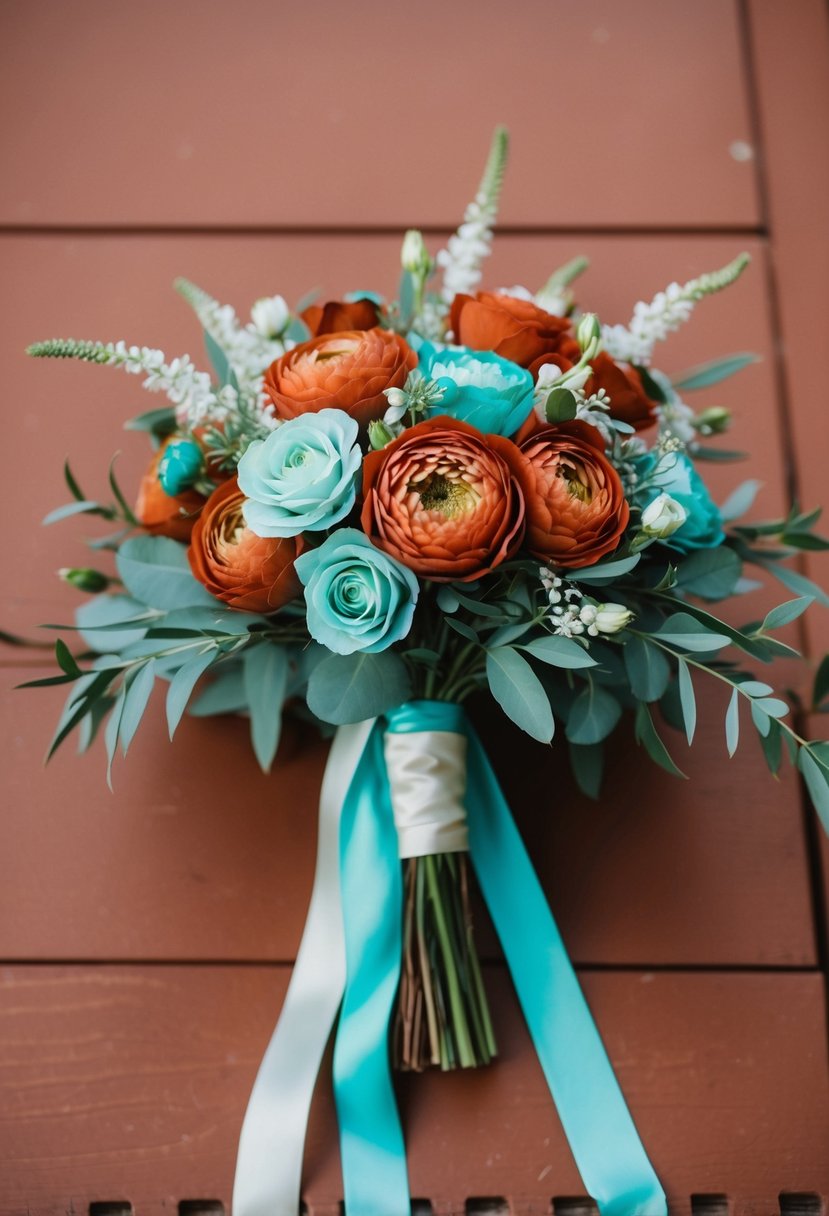 A terracotta and turquoise wedding bouquet with elegant floral arrangements and flowing ribbons