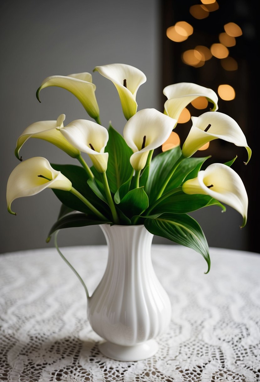 A vintage-inspired bouquet of calla lilies in a sleek, white vase on a lace tablecloth