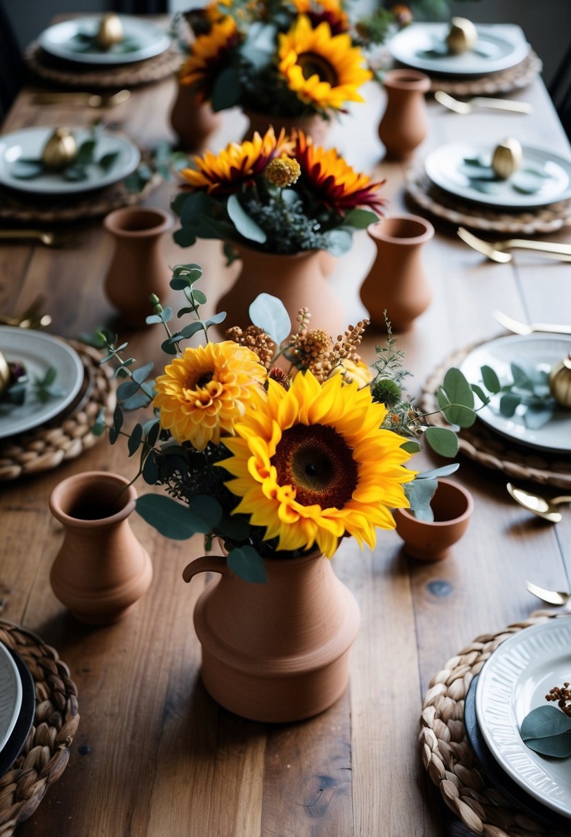 A table adorned with terracotta bouquets, featuring fall-inspired flowers like sunflowers, dahlias, and eucalyptus, arranged in rustic vases