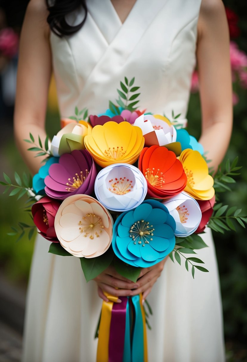 A traditional Korean wedding bouquet with colorful paper flowers and silk ribbons