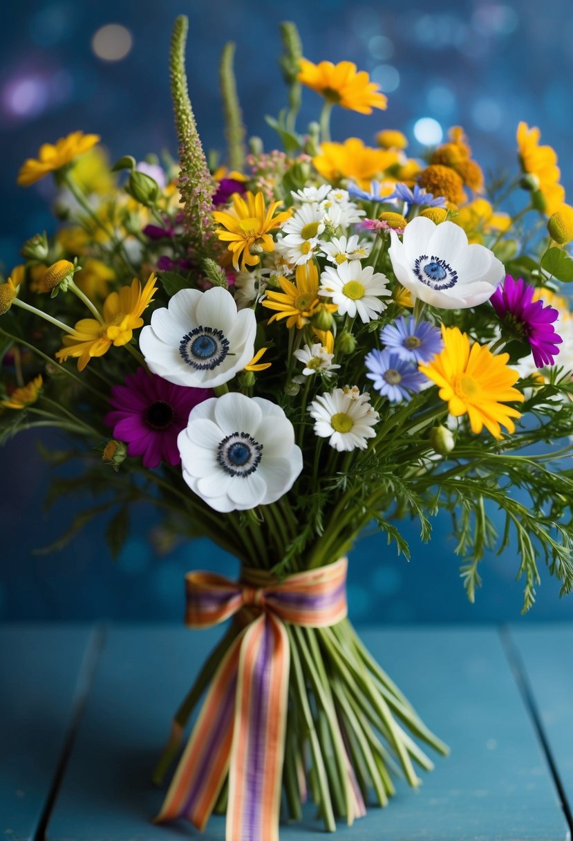 A vibrant bouquet of whimsical anemones, daisies, and wildflowers tied with a retro ribbon