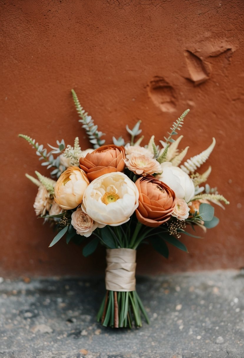 A terracotta wedding bouquet with peach and beige flowers, set against a rustic terracotta backdrop