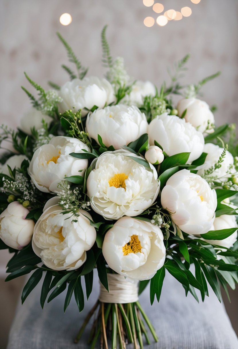 A lush bouquet of classic ivory peonies, accented with delicate greenery, arranged in a traditional Korean wedding style