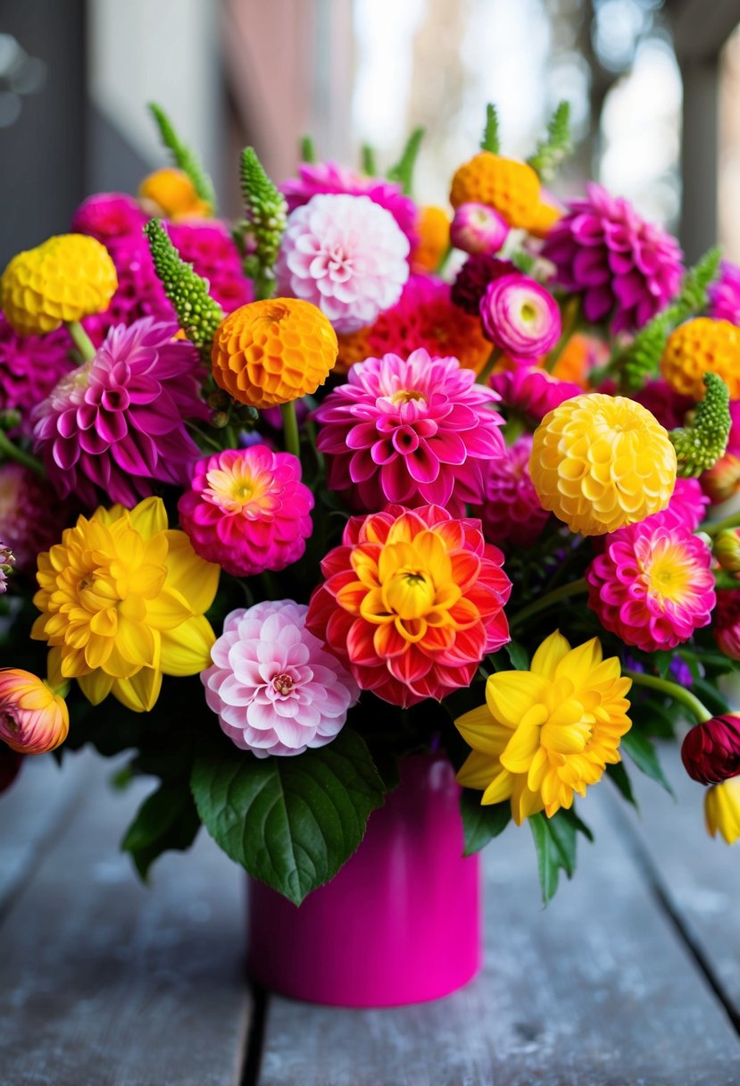 A vibrant bouquet of colorful dahlias and ranunculus arranged in a 60s-inspired style