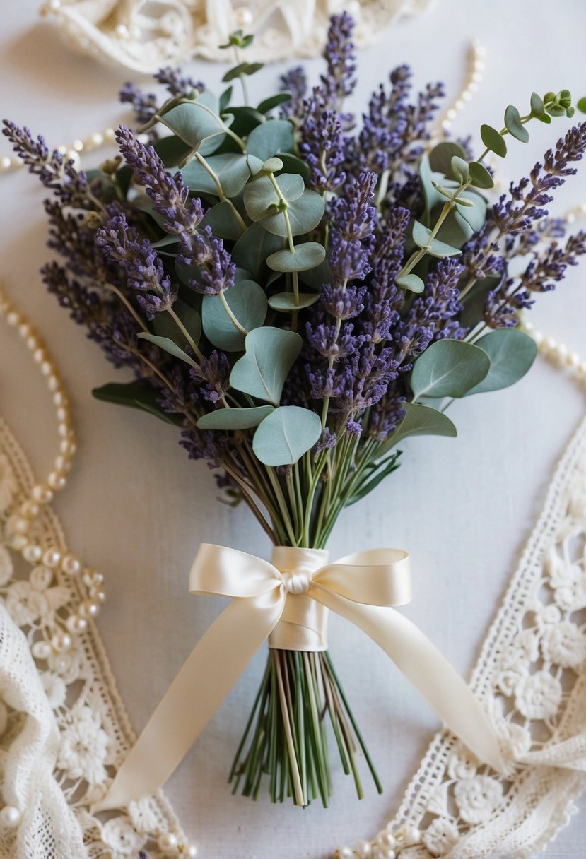 A bouquet of lavender and eucalyptus tied with a satin ribbon, surrounded by vintage lace and pearls