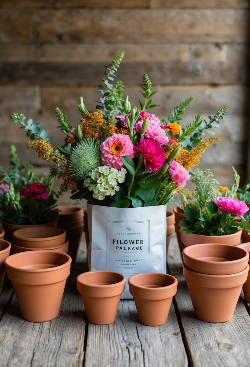 A terracotta flower package arranged on a rustic wooden table, with various terracotta pots filled with vibrant blooms and greenery