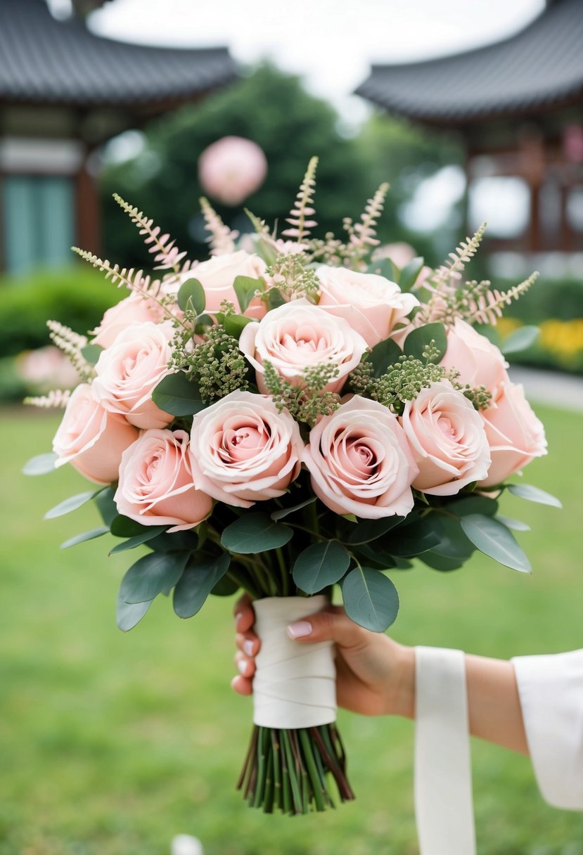 A bouquet of blush pink roses and greenery arranged in a Korean wedding style