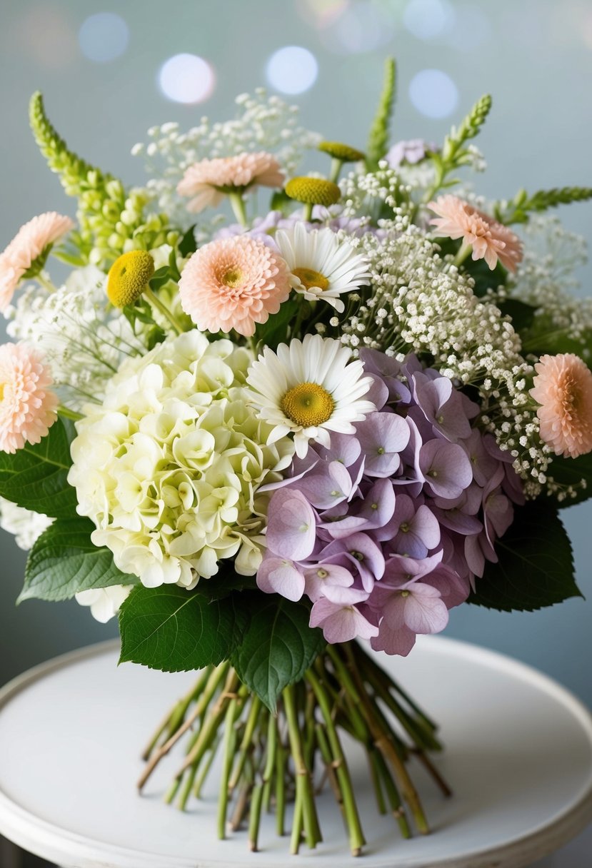 A vintage-inspired bouquet of hydrangeas, daisies, and baby's breath arranged in a 60s style with a mix of pastel colors and lush greenery