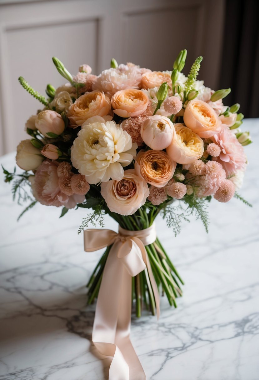 A lush bouquet of peach, champagne, and dusty pink flowers, tied with a delicate ribbon, sits on a marble table