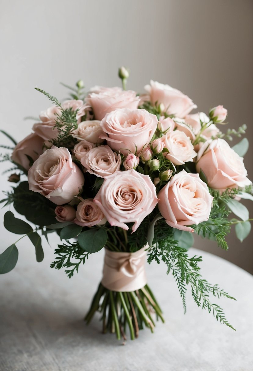 A vintage-inspired bouquet of blush roses and delicate greenery in soft, romantic tones