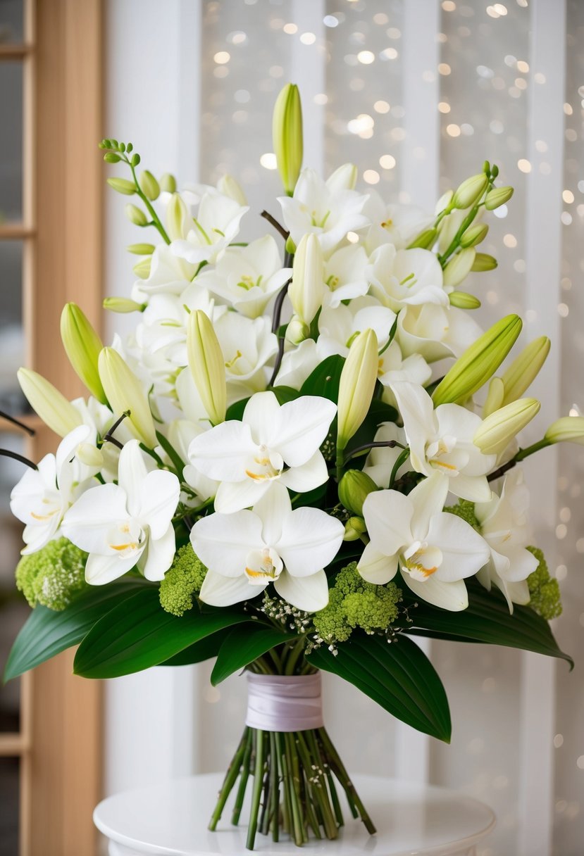 A delicate bouquet of white lilies and orchids arranged in a traditional Korean wedding style