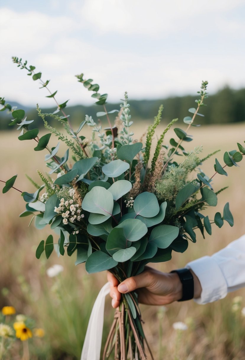 A hand-tied bouquet of eucalyptus and wildflowers in a rustic, natural style