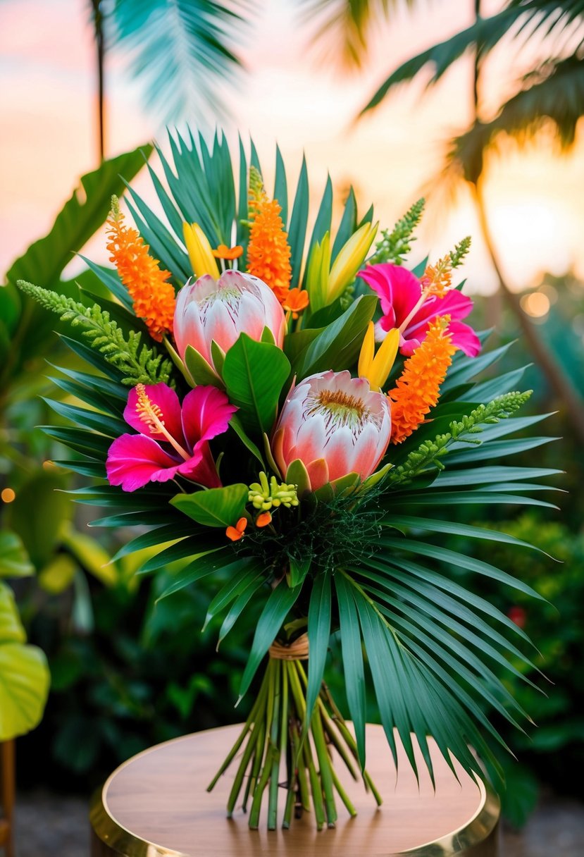 A lush bouquet of protea, hibiscus, and palm leaves in vibrant 60s colors, set against a tropical backdrop with a retro vibe