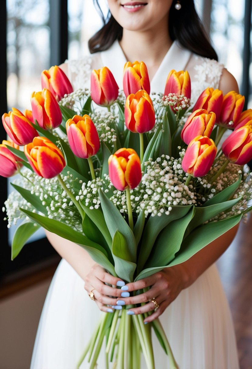 A bouquet of vibrant tulips and baby's breath arranged in a Korean wedding style