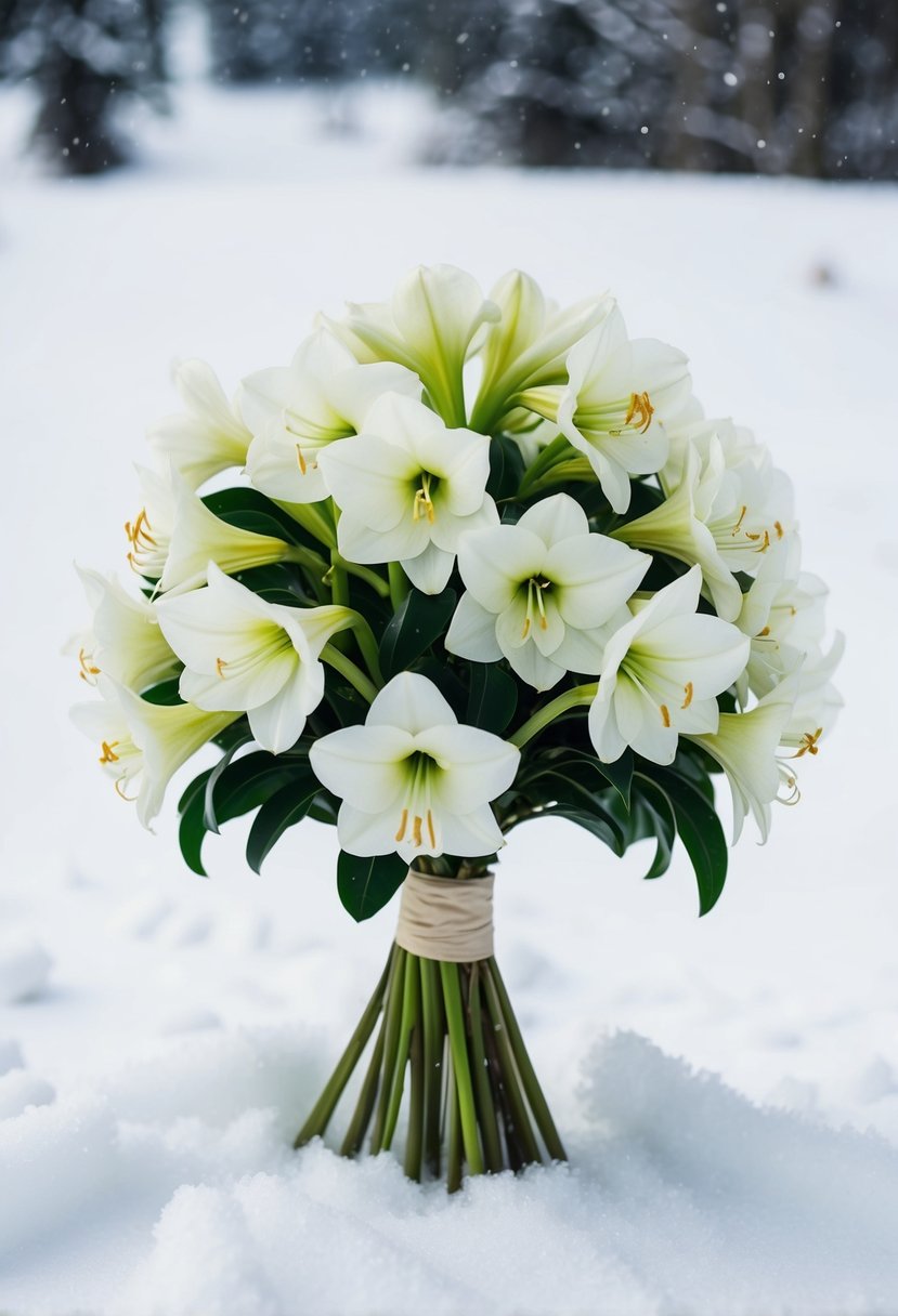 A snowy landscape with a cluster of white amaryllis flowers arranged in a vintage 60s style wedding bouquet