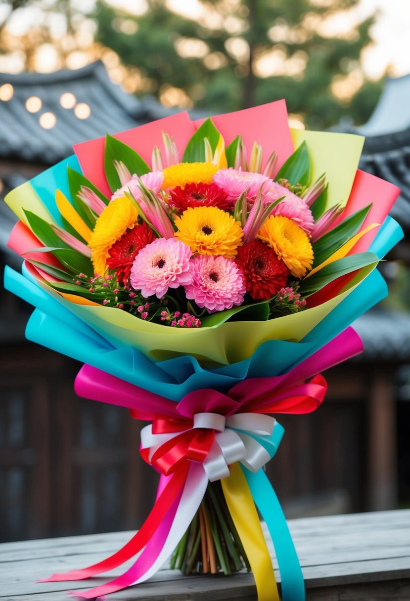 A vibrant bouquet of traditional Korean flowers wrapped in colorful ribbons