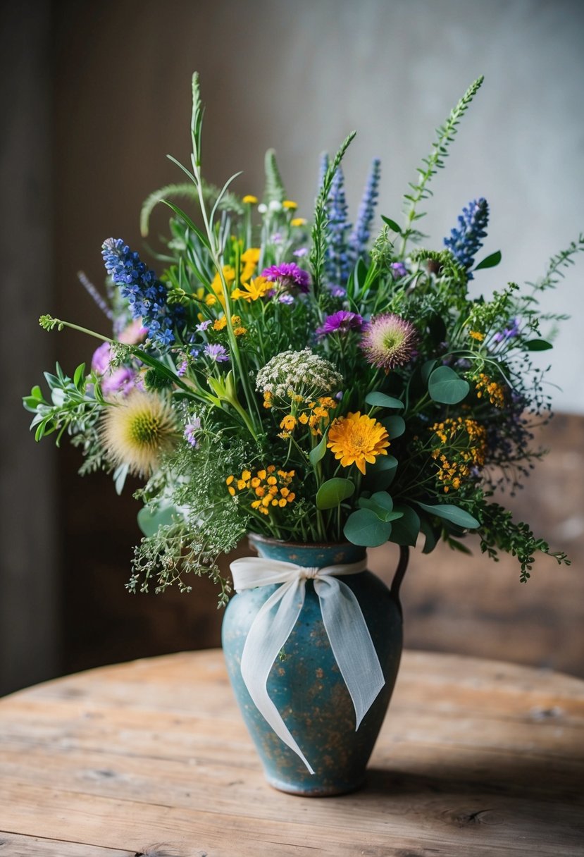 A vibrant bouquet of wildflowers and greenery, tied with a delicate ribbon, sits in a rustic, weathered vase on a wooden table