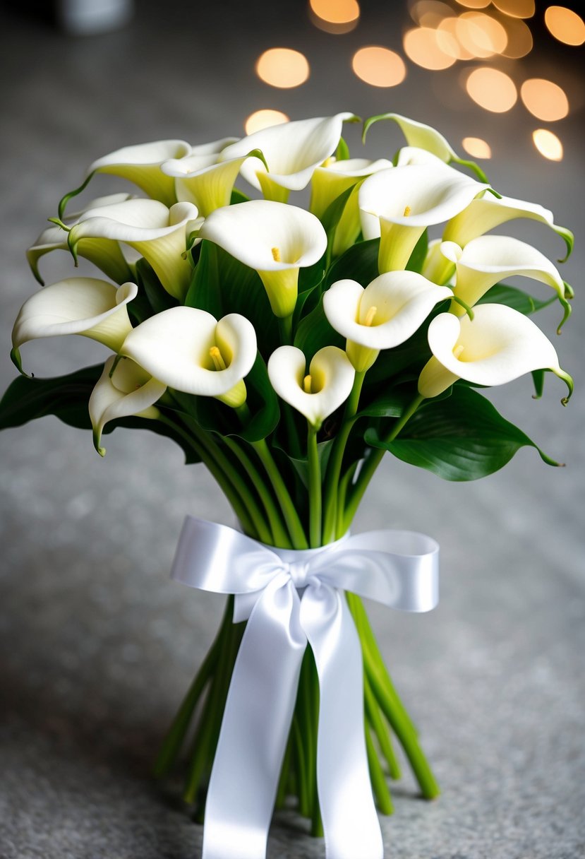 A lush bouquet of white calla lilies tied with a flowing satin ribbon