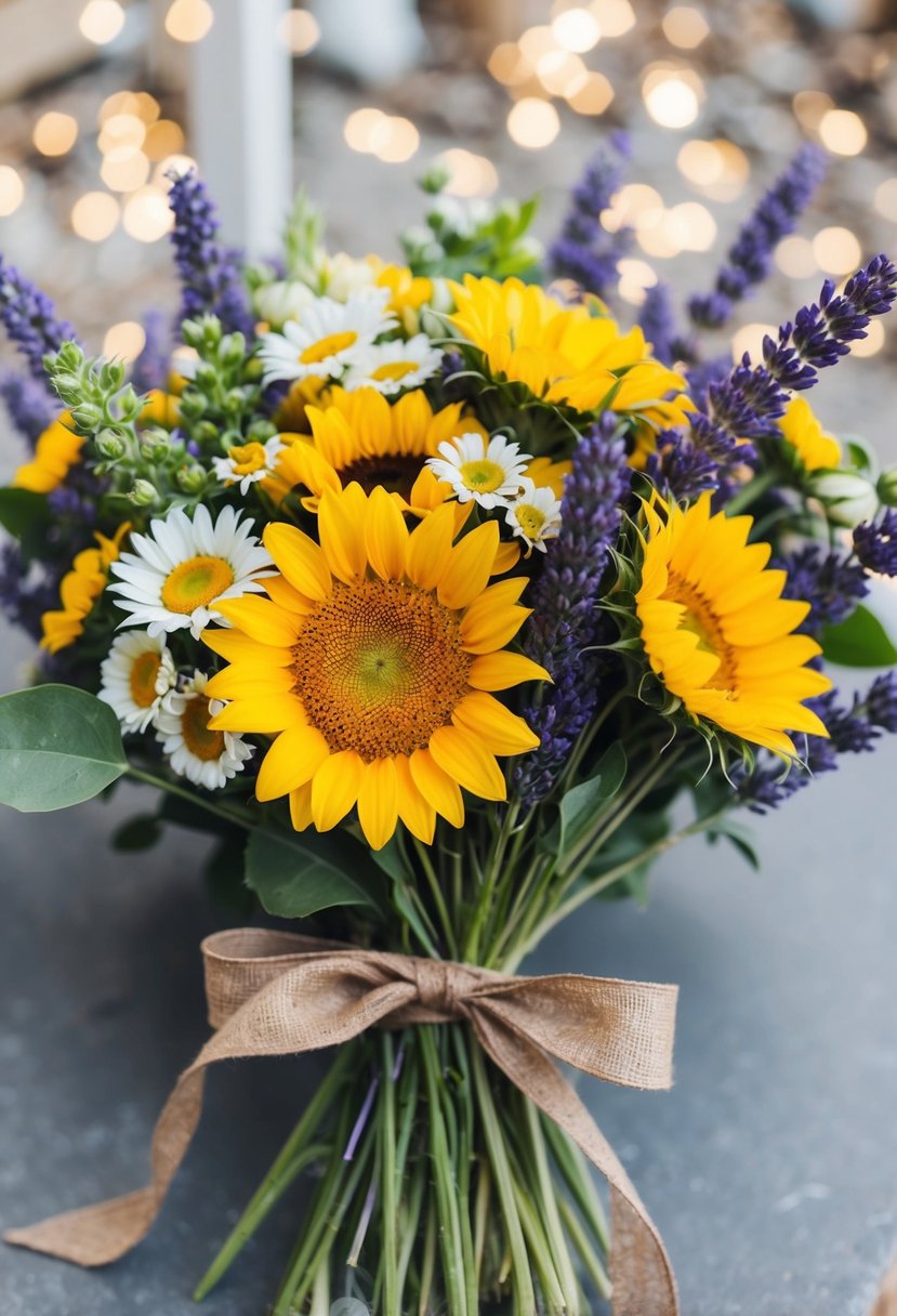 A colorful wildflower bouquet with daisies, sunflowers, and lavender tied with a rustic ribbon