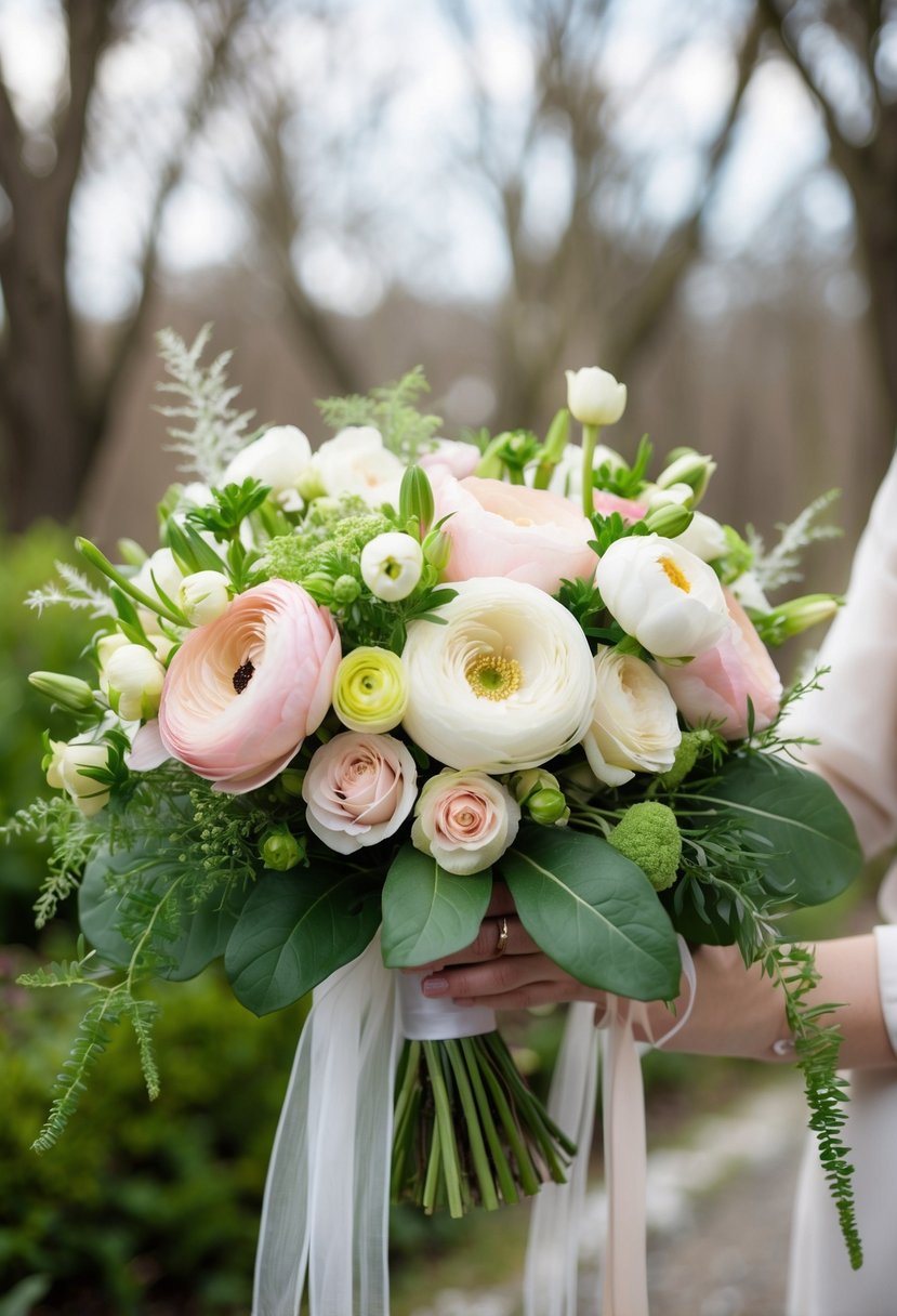 A lush bouquet of elegant ranunculus and roses in a Korean wedding theme, with delicate greenery and ribbon accents