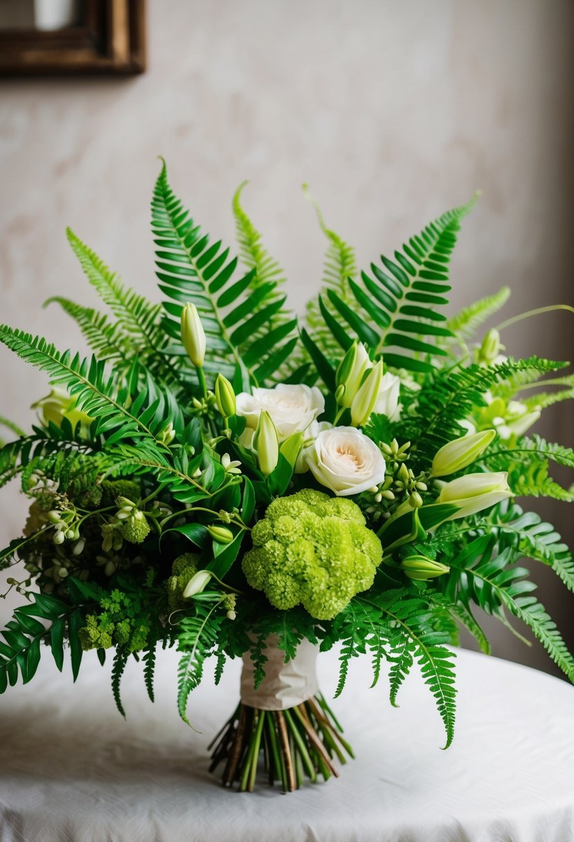 A bouquet of vibrant green ferns and natural flowers, creating a lush and elegant wedding arrangement