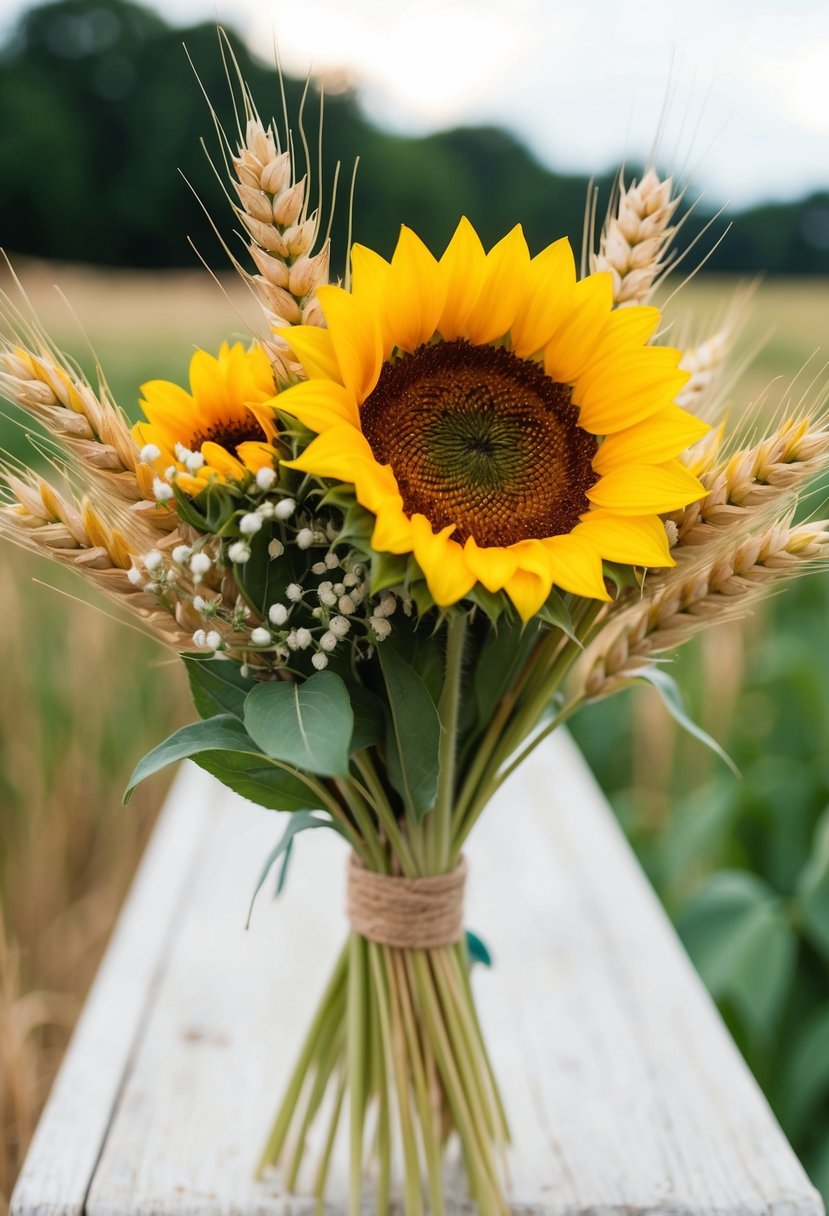 A vibrant sunflower and delicate Korean wheat sprig bouquet