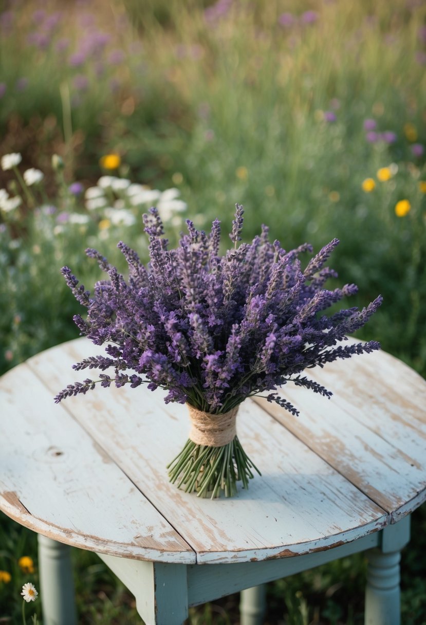 A rustic lavender cluster bouquet sits on a weathered wooden table, surrounded by wildflowers and greenery