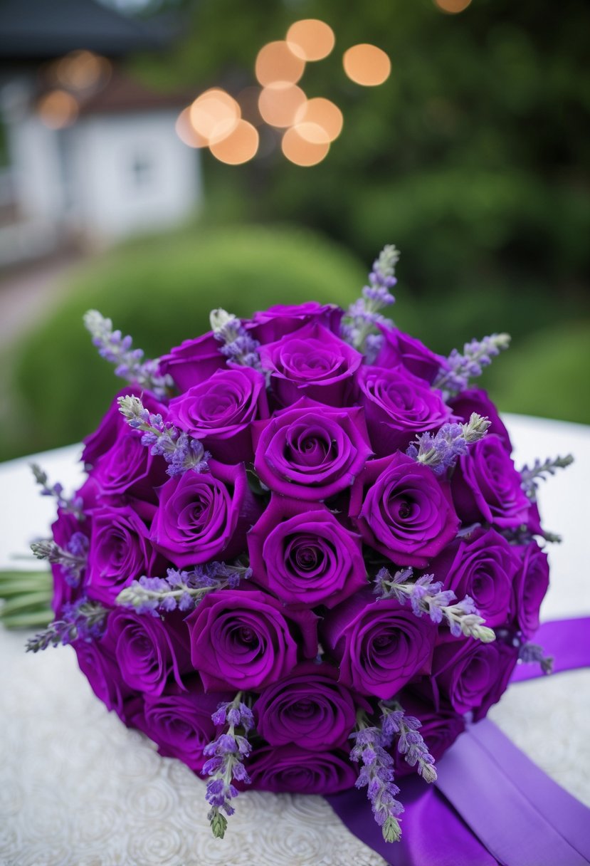 A bouquet of purple roses and lavender accents arranged in a traditional Korean wedding style