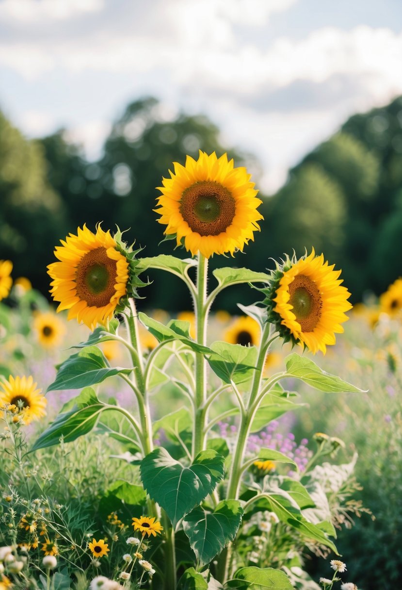 Three sun-soaked sunflowers stand tall in a natural wedding bouquet, surrounded by vibrant greenery and delicate wildflowers