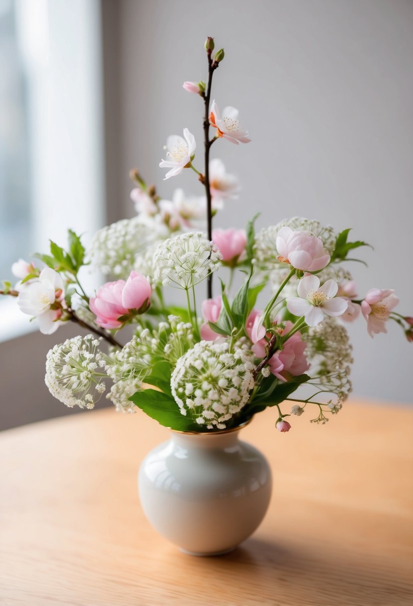 A delicate bouquet of Korean wildflowers, including baby's breath and cherry blossoms, arranged in a small, elegant vase