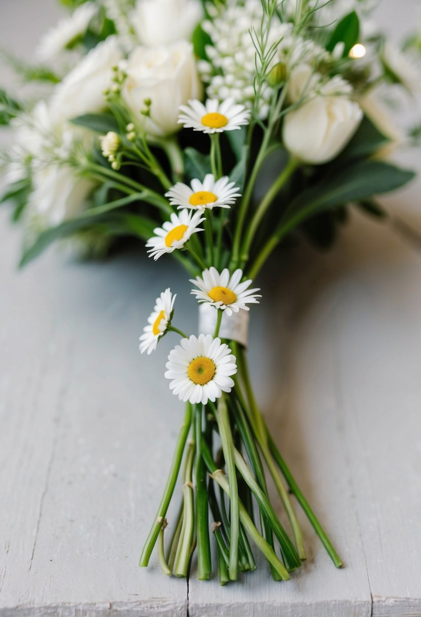 A dainty daisy chain wedding bouquet, with soft, white petals and delicate green stems, arranged in a loose, natural style