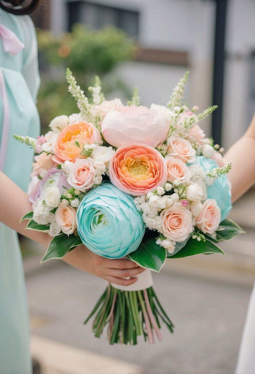 A pastel-colored Korean wedding bouquet with traditional elements