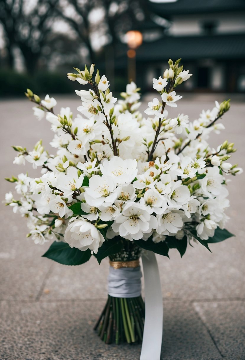 A monochrome white blossom arrangement in a traditional Korean wedding bouquet