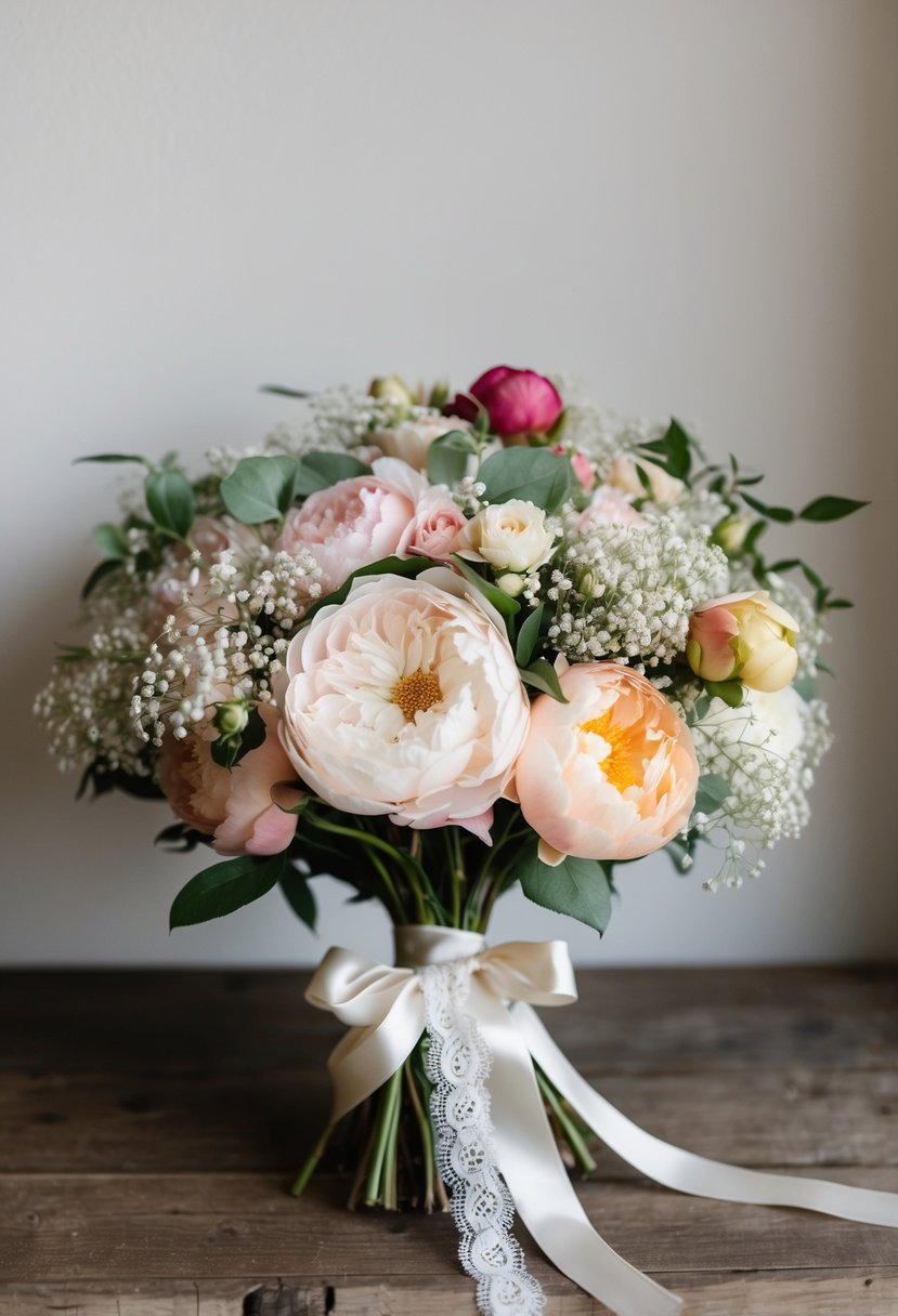 A vintage-inspired bouquet with roses, peonies, and baby's breath, tied with lace and satin ribbon