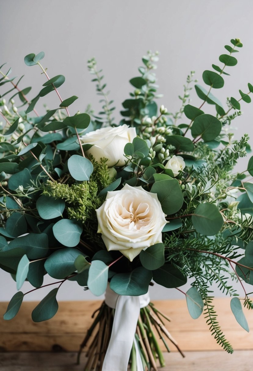 A lush bouquet of eucalyptus and roses, intertwined with delicate greenery, arranged in a natural and organic style