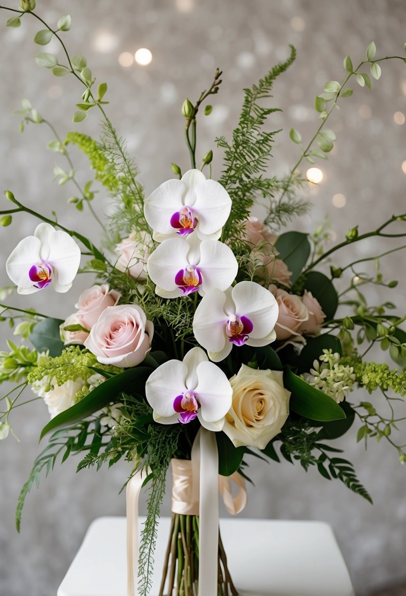 A vintage-inspired bouquet of cascading orchids and roses, with delicate greenery and ribbon accents