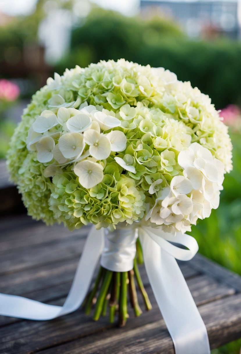 A lush bouquet of hydrangeas with delicate silk ribbon detail, perfect for a Korean wedding