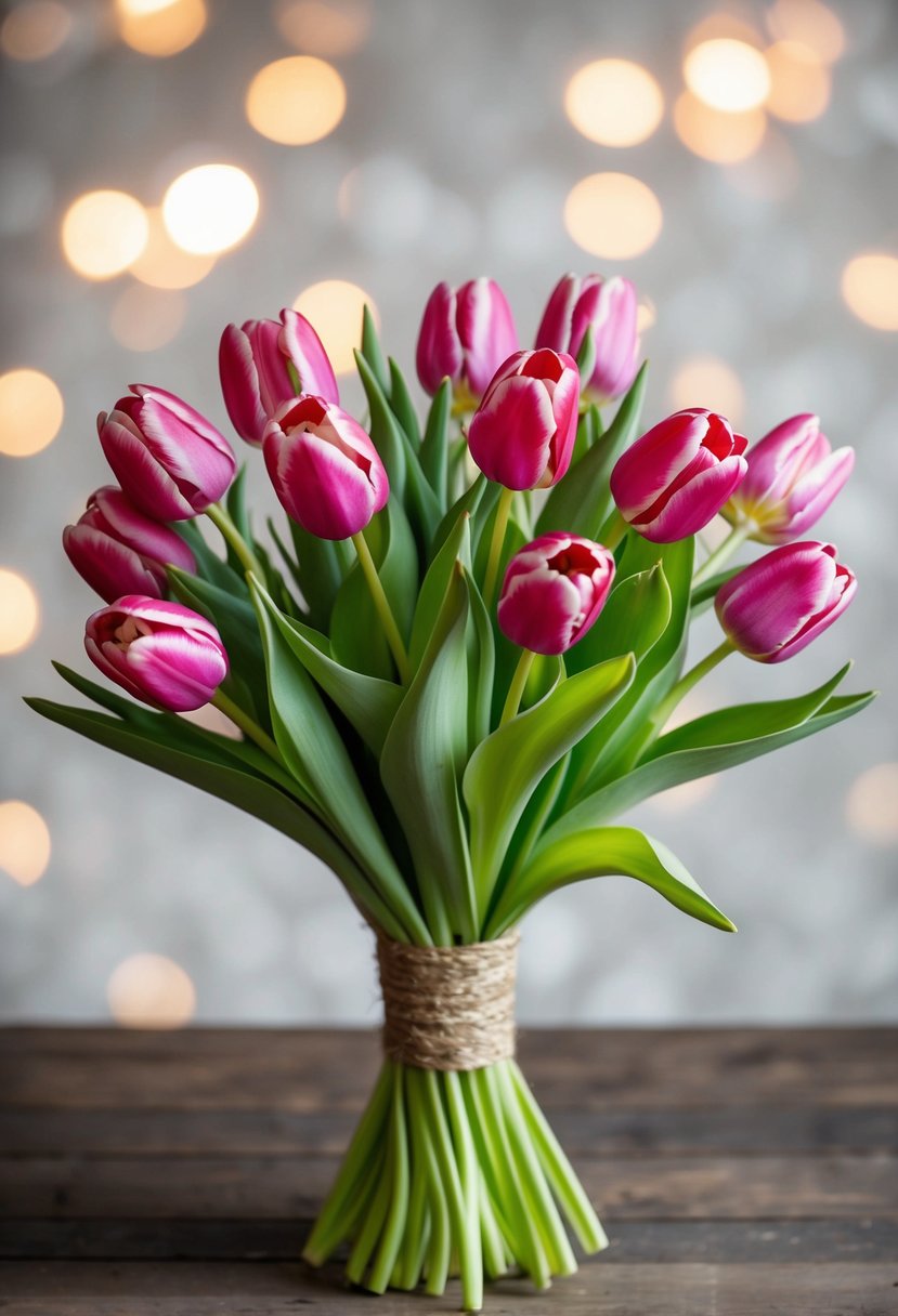 A vibrant bouquet of spring tulips twisted together in a natural and elegant arrangement