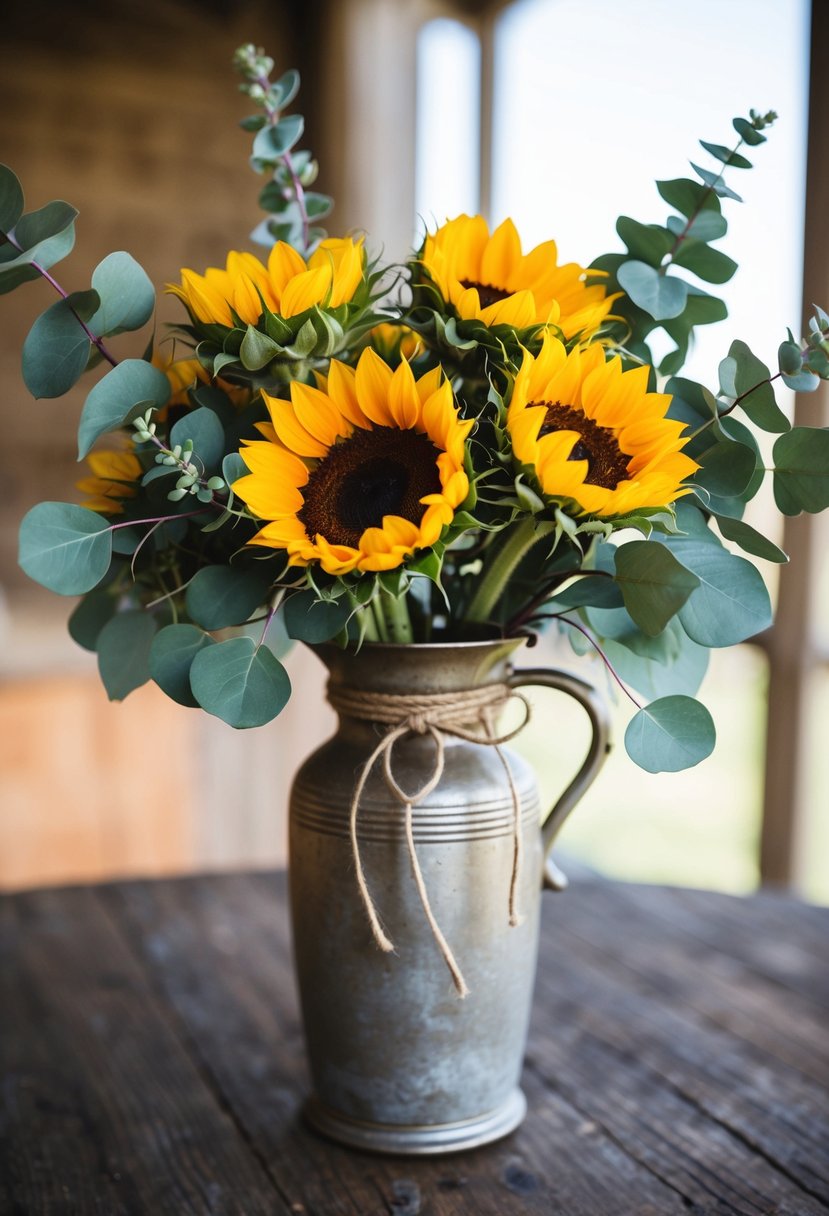 A rustic wedding bouquet featuring sunflowers and eucalyptus, tied together with twine and placed in a vintage 50s-style vase